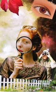 woman looking through magnifying glass